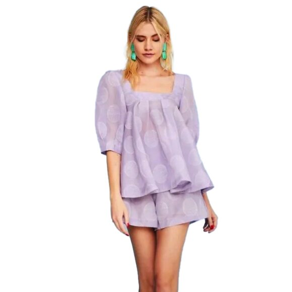 Hunter Bell Saylor Silk Puff Sleeve Blouse with Textured Polka Dots - Picture 1 of 7